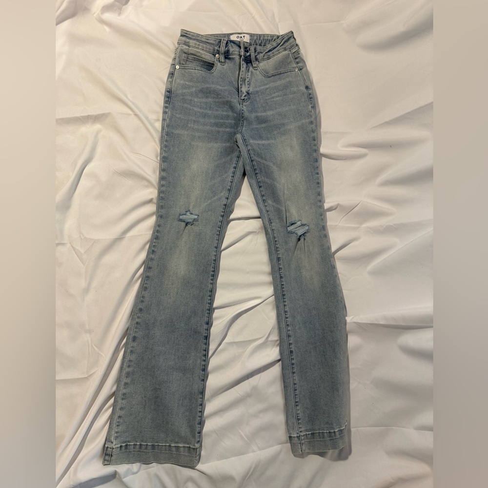 OAT faded high rise boot leg flare jeans light wash